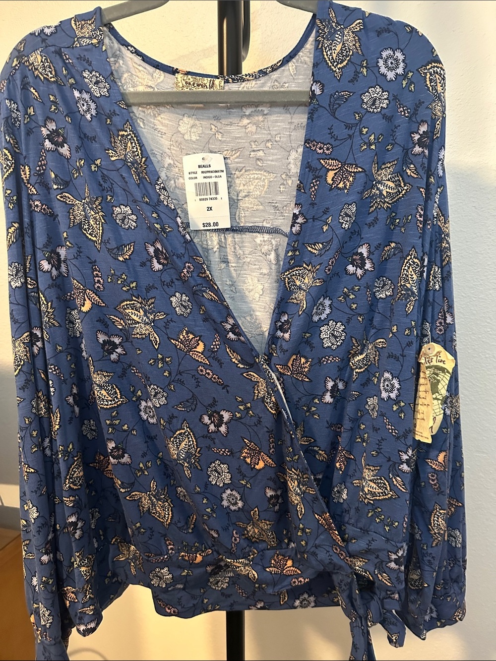 ONE WORLD Blue Floral Wrap Blouse with Tie Waist